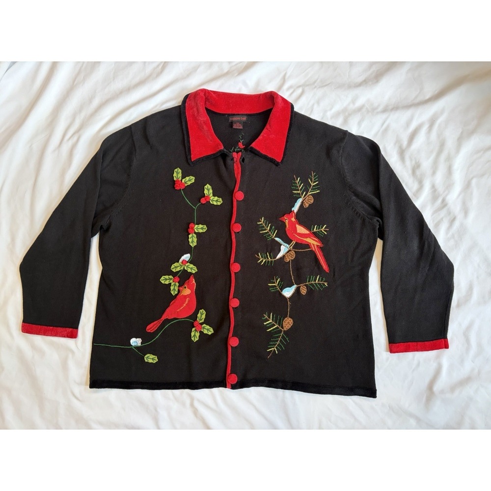 Bonnie Bell XXL Sweater Cardigan Holiday Cardinals Embellish Holly Black Red